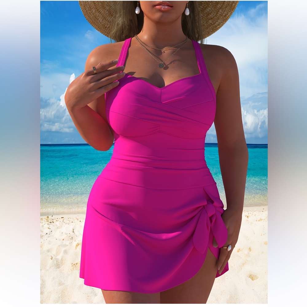 NEW 1 Piece Swimsuit Dress Vibrant Pink #SW-D1-0094